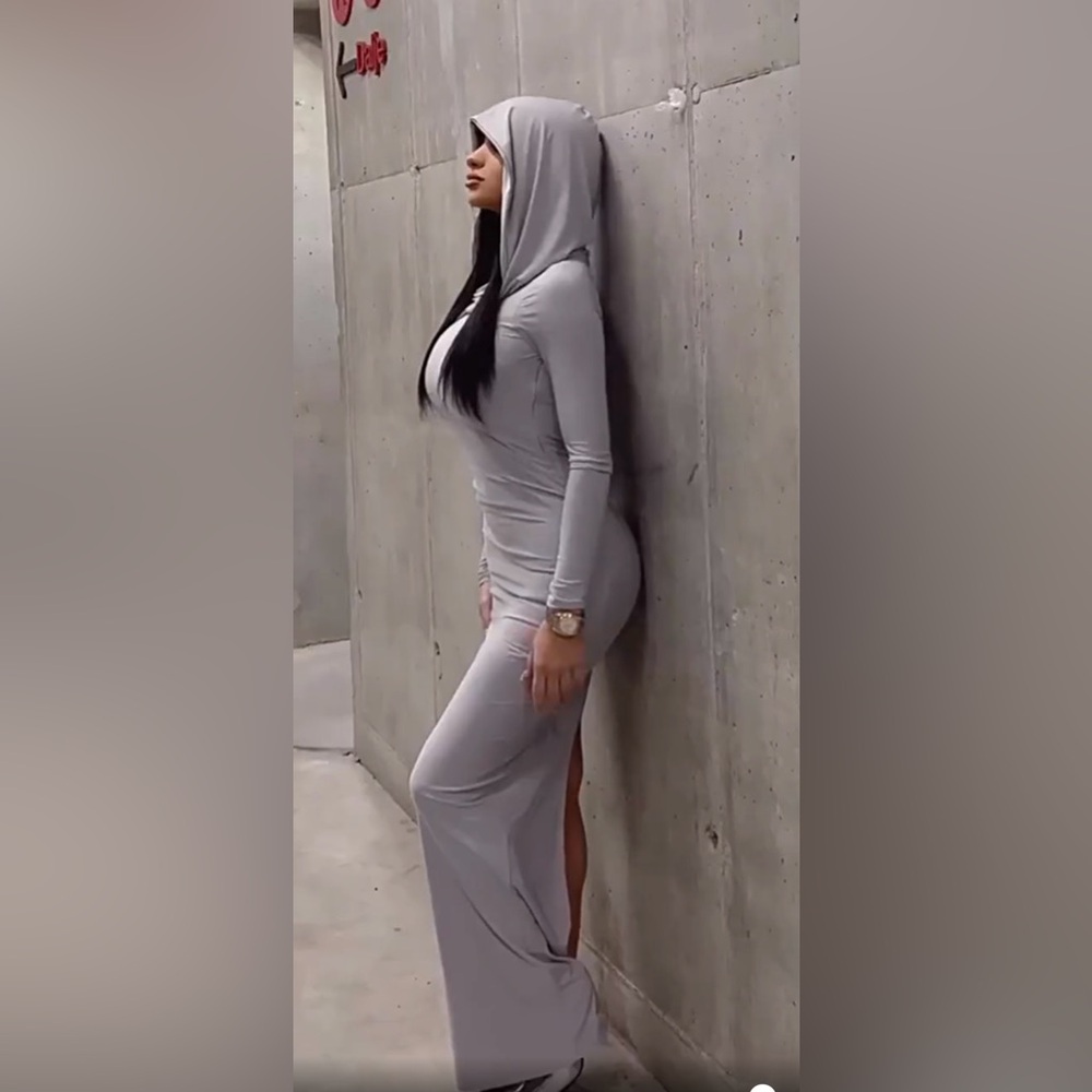 Black hooded bodycon dress long sleeve sexy maxi slit wasteland apocalypse goth - Picture 6 of 10